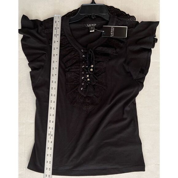 Lauren Ralph Lauren Womens Sz Small Ruffle-Trim Lace-Up Jet Black Top - Picture 10 of 11
